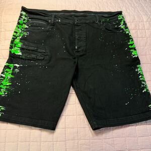 Rockstar Edgy Punk Skater Grunge Y2K Black Denim Shorts Neon Green Splatter 38